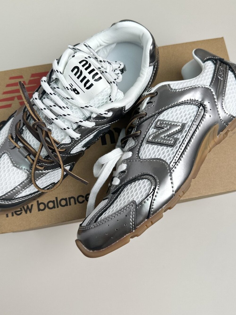 Miu Miu Silver-White Mesh Retro Color-Block Sneakers with Double Laces